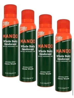 4pk MANDO - Body Deodorant - 72Hr Invisible Spray - 3.6oz - Clover Woods